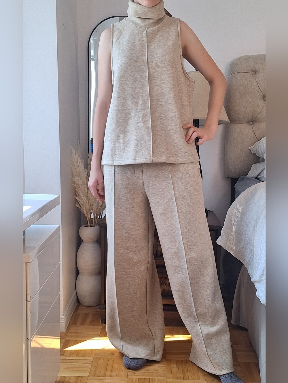 OGL Cream Knit Sleeveless Top & Wide-Leg Pants Set